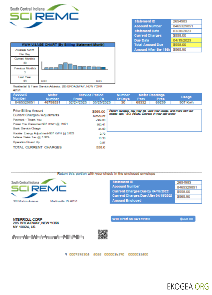 Facture commerciale de services publics REMC du centre sud de l'Indiana, SCR